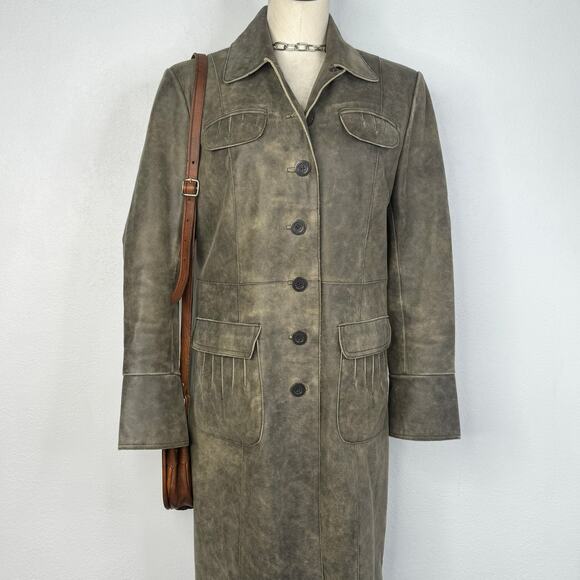 Vintage 90s Distressed Style Leather Trench Coat Button Front Size Medium - Picture 1 of 8